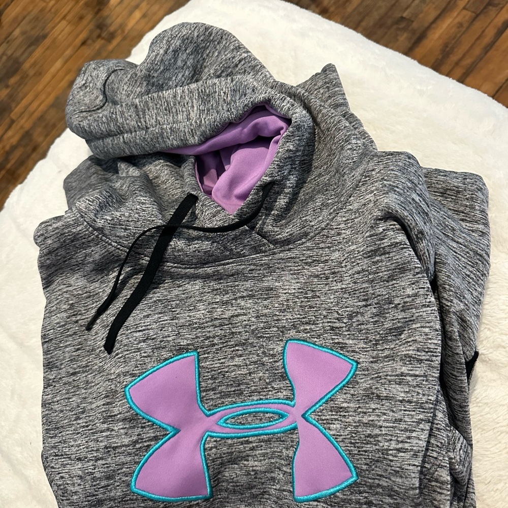 Under Armour Heather Gray Hoodie with Purple and Blue Logo